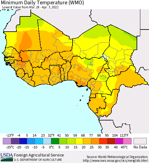 Western Africa Minimum Daily Temperature (WMO) Thematic Map For 3/28/2022 - 4/3/2022