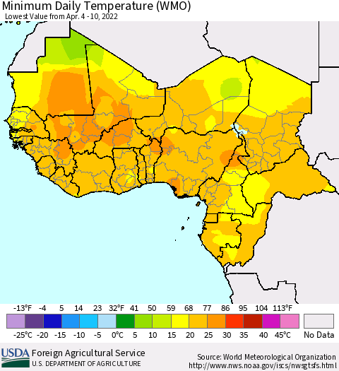 Western Africa Minimum Daily Temperature (WMO) Thematic Map For 4/4/2022 - 4/10/2022