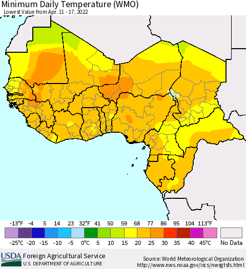 Western Africa Minimum Daily Temperature (WMO) Thematic Map For 4/11/2022 - 4/17/2022