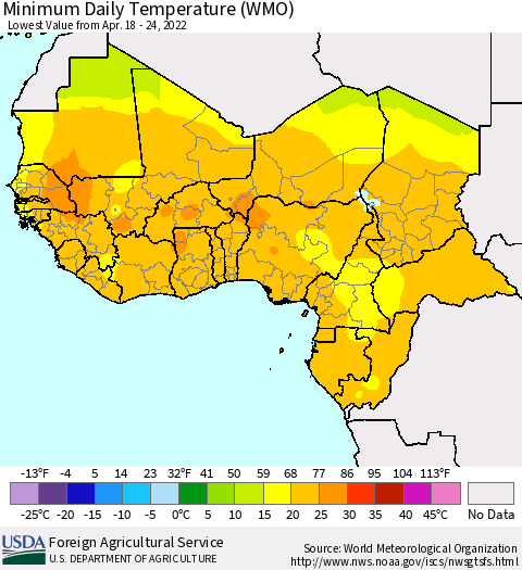 Western Africa Minimum Daily Temperature (WMO) Thematic Map For 4/18/2022 - 4/24/2022