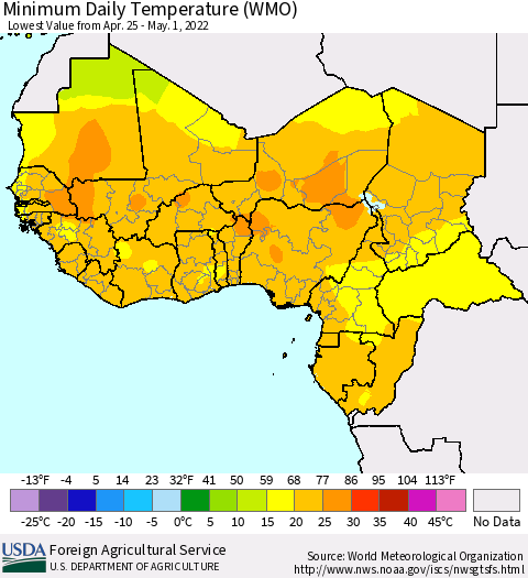 Western Africa Minimum Daily Temperature (WMO) Thematic Map For 4/25/2022 - 5/1/2022