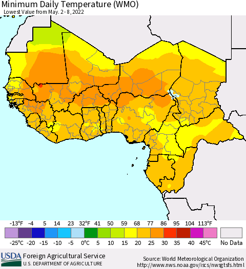 Western Africa Minimum Daily Temperature (WMO) Thematic Map For 5/2/2022 - 5/8/2022