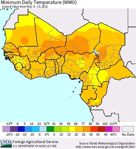 Western Africa Minimum Daily Temperature (WMO) Thematic Map For 5/9/2022 - 5/15/2022