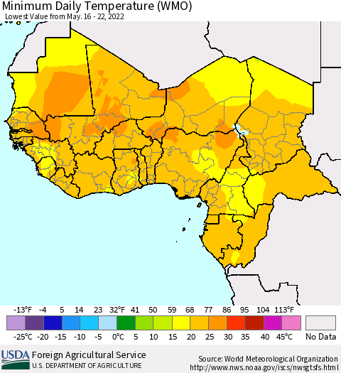 Western Africa Minimum Daily Temperature (WMO) Thematic Map For 5/16/2022 - 5/22/2022