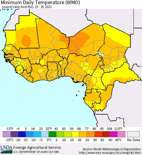 Western Africa Minimum Daily Temperature (WMO) Thematic Map For 5/23/2022 - 5/29/2022