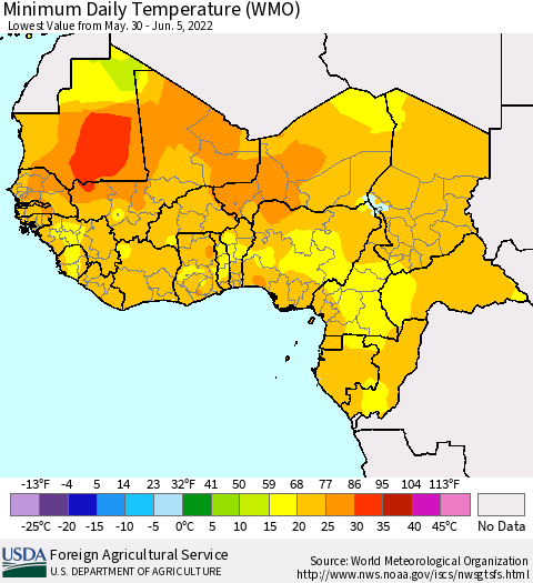 Western Africa Minimum Daily Temperature (WMO) Thematic Map For 5/30/2022 - 6/5/2022