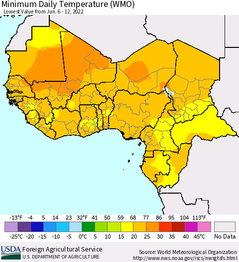 Western Africa Minimum Daily Temperature (WMO) Thematic Map For 6/6/2022 - 6/12/2022