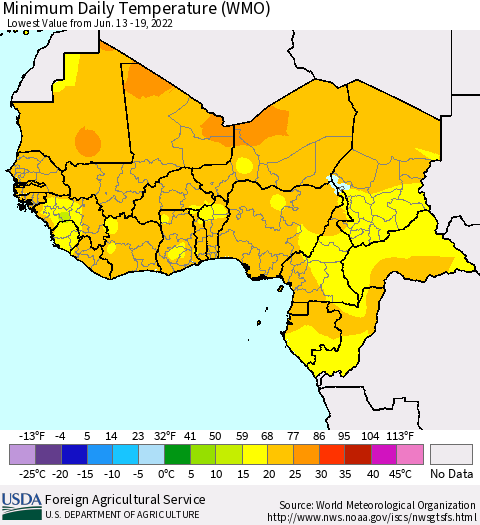 Western Africa Minimum Daily Temperature (WMO) Thematic Map For 6/13/2022 - 6/19/2022