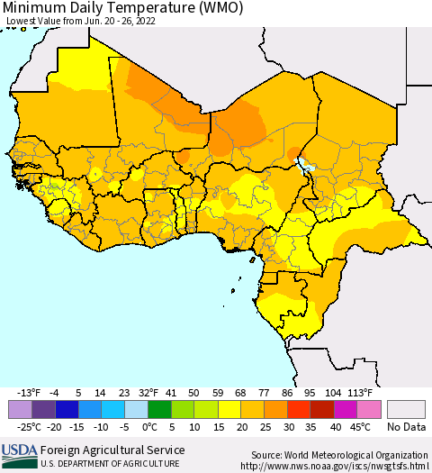 Western Africa Minimum Daily Temperature (WMO) Thematic Map For 6/20/2022 - 6/26/2022