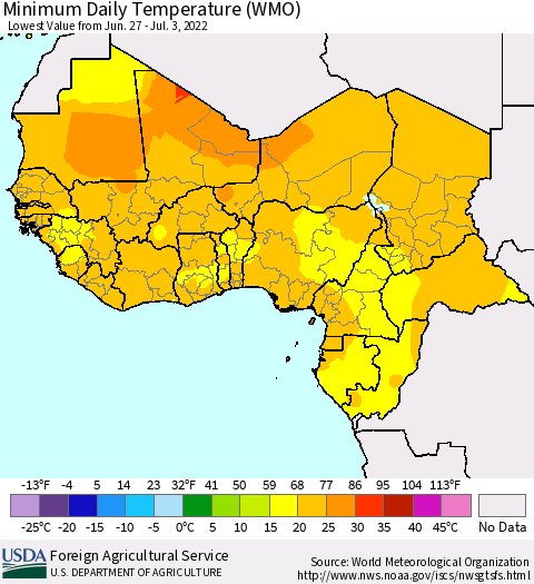 Western Africa Minimum Daily Temperature (WMO) Thematic Map For 6/27/2022 - 7/3/2022