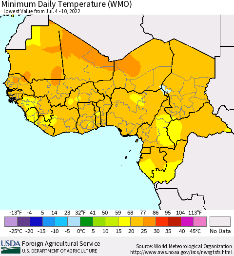 Western Africa Minimum Daily Temperature (WMO) Thematic Map For 7/4/2022 - 7/10/2022