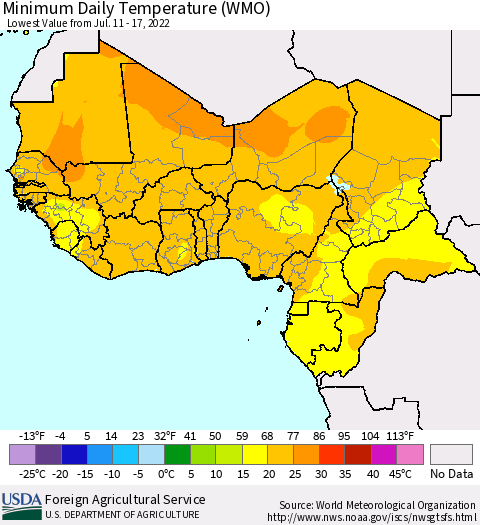Western Africa Minimum Daily Temperature (WMO) Thematic Map For 7/11/2022 - 7/17/2022