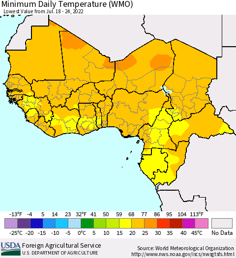 Western Africa Minimum Daily Temperature (WMO) Thematic Map For 7/18/2022 - 7/24/2022