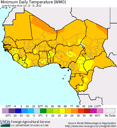 Western Africa Minimum Daily Temperature (WMO) Thematic Map For 7/25/2022 - 7/31/2022