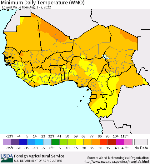 Western Africa Minimum Daily Temperature (WMO) Thematic Map For 8/1/2022 - 8/7/2022