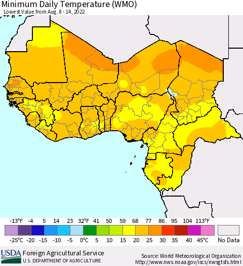 Western Africa Minimum Daily Temperature (WMO) Thematic Map For 8/8/2022 - 8/14/2022