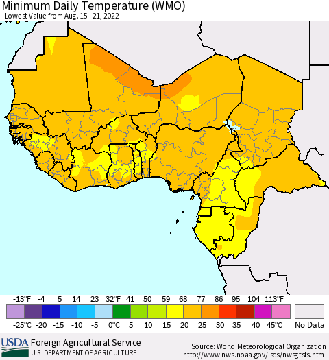 Western Africa Minimum Daily Temperature (WMO) Thematic Map For 8/15/2022 - 8/21/2022