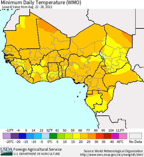 Western Africa Minimum Daily Temperature (WMO) Thematic Map For 8/22/2022 - 8/28/2022
