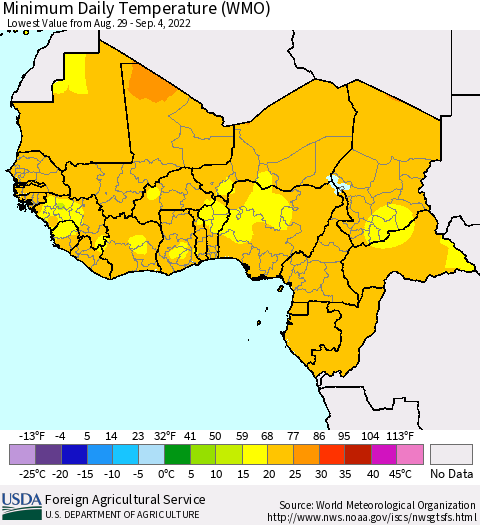 Western Africa Minimum Daily Temperature (WMO) Thematic Map For 8/29/2022 - 9/4/2022