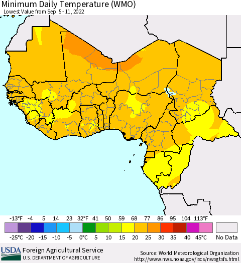 Western Africa Minimum Daily Temperature (WMO) Thematic Map For 9/5/2022 - 9/11/2022