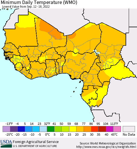 Western Africa Minimum Daily Temperature (WMO) Thematic Map For 9/12/2022 - 9/18/2022