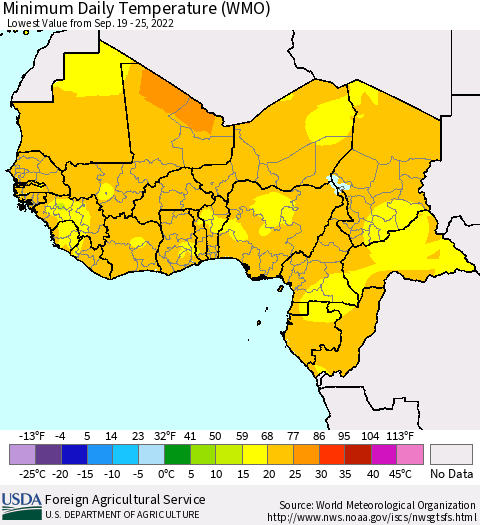 Western Africa Minimum Daily Temperature (WMO) Thematic Map For 9/19/2022 - 9/25/2022