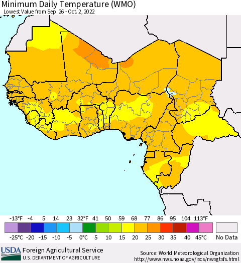 Western Africa Minimum Daily Temperature (WMO) Thematic Map For 9/26/2022 - 10/2/2022