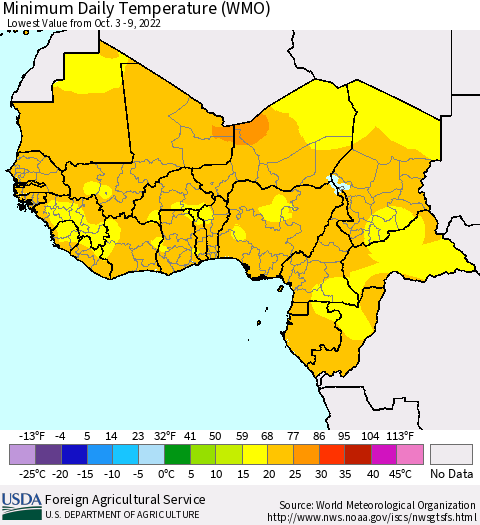 Western Africa Minimum Daily Temperature (WMO) Thematic Map For 10/3/2022 - 10/9/2022
