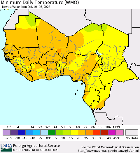 Western Africa Minimum Daily Temperature (WMO) Thematic Map For 10/10/2022 - 10/16/2022