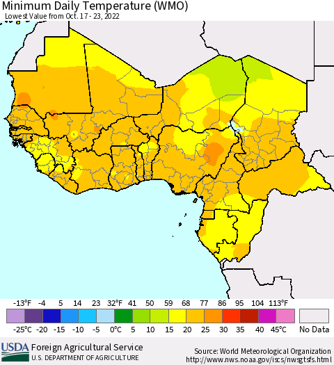 Western Africa Minimum Daily Temperature (WMO) Thematic Map For 10/17/2022 - 10/23/2022