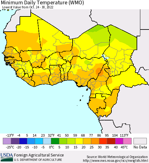 Western Africa Minimum Daily Temperature (WMO) Thematic Map For 10/24/2022 - 10/30/2022