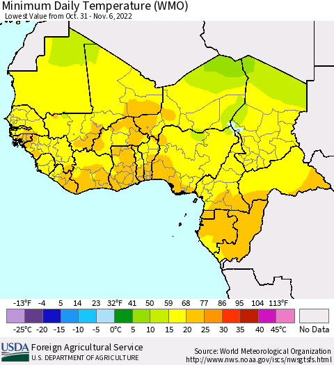 Western Africa Minimum Daily Temperature (WMO) Thematic Map For 10/31/2022 - 11/6/2022