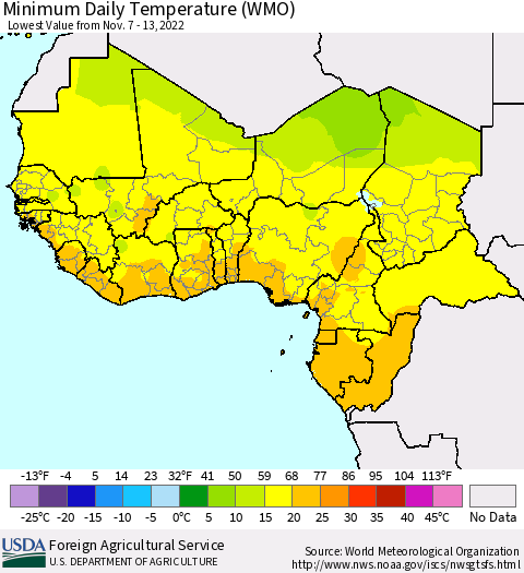 Western Africa Minimum Daily Temperature (WMO) Thematic Map For 11/7/2022 - 11/13/2022