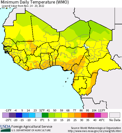 Western Africa Minimum Daily Temperature (WMO) Thematic Map For 11/14/2022 - 11/20/2022
