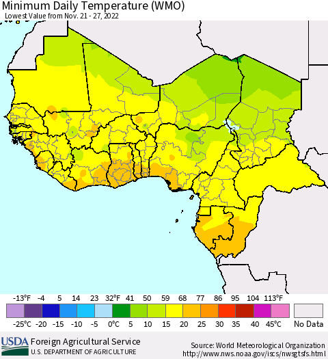 Western Africa Minimum Daily Temperature (WMO) Thematic Map For 11/21/2022 - 11/27/2022