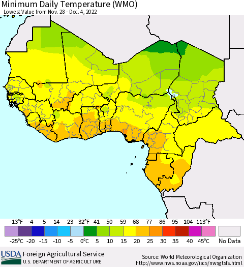 Western Africa Minimum Daily Temperature (WMO) Thematic Map For 11/28/2022 - 12/4/2022