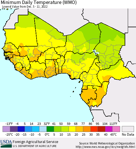 Western Africa Minimum Daily Temperature (WMO) Thematic Map For 12/5/2022 - 12/11/2022