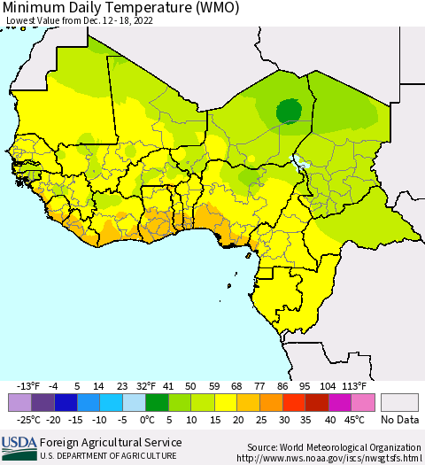 Western Africa Minimum Daily Temperature (WMO) Thematic Map For 12/12/2022 - 12/18/2022