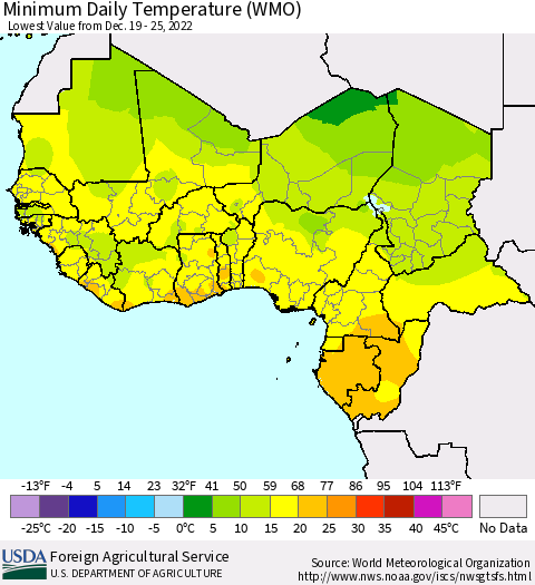 Western Africa Minimum Daily Temperature (WMO) Thematic Map For 12/19/2022 - 12/25/2022