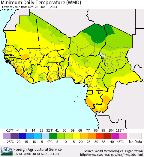 Western Africa Minimum Daily Temperature (WMO) Thematic Map For 12/26/2022 - 1/1/2023