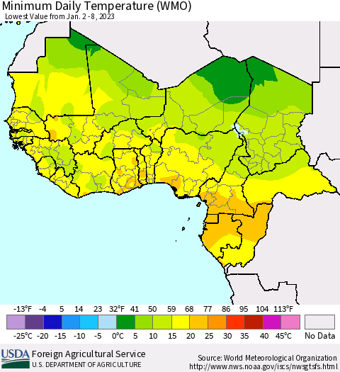 Western Africa Minimum Daily Temperature (WMO) Thematic Map For 1/2/2023 - 1/8/2023