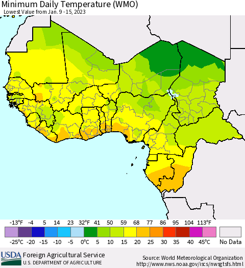Western Africa Minimum Daily Temperature (WMO) Thematic Map For 1/9/2023 - 1/15/2023