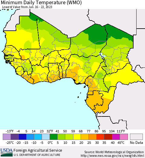 Western Africa Minimum Daily Temperature (WMO) Thematic Map For 1/16/2023 - 1/22/2023