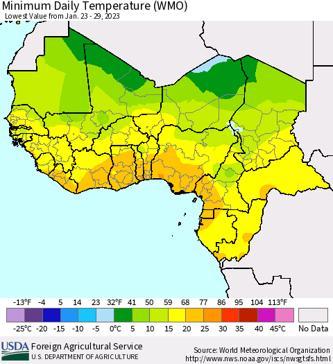 Western Africa Minimum Daily Temperature (WMO) Thematic Map For 1/23/2023 - 1/29/2023