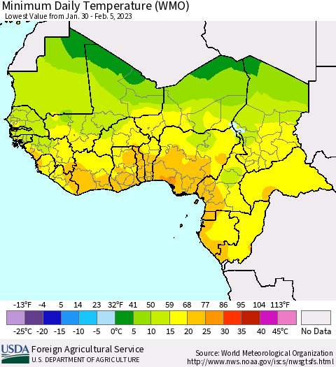 Western Africa Minimum Daily Temperature (WMO) Thematic Map For 1/30/2023 - 2/5/2023