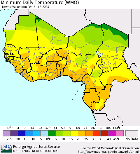 Western Africa Minimum Daily Temperature (WMO) Thematic Map For 2/6/2023 - 2/12/2023