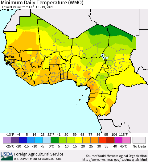 Western Africa Minimum Daily Temperature (WMO) Thematic Map For 2/13/2023 - 2/19/2023
