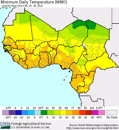 Western Africa Minimum Daily Temperature (WMO) Thematic Map For 2/20/2023 - 2/26/2023