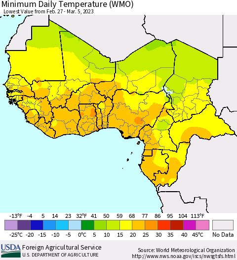 Western Africa Minimum Daily Temperature (WMO) Thematic Map For 2/27/2023 - 3/5/2023