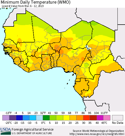 Western Africa Minimum Daily Temperature (WMO) Thematic Map For 3/6/2023 - 3/12/2023